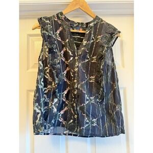Pilcro Top Women XS Blue Abstract Ruffle Metallic Stripe Button Front Sleeveless